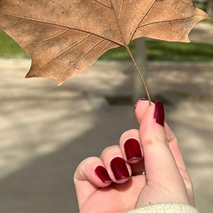 Manicure vermelha em mão segurando uma folha ao ar livre
