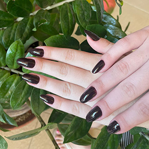 Manicure escura com acabamento brilhante em cenário de folhagem